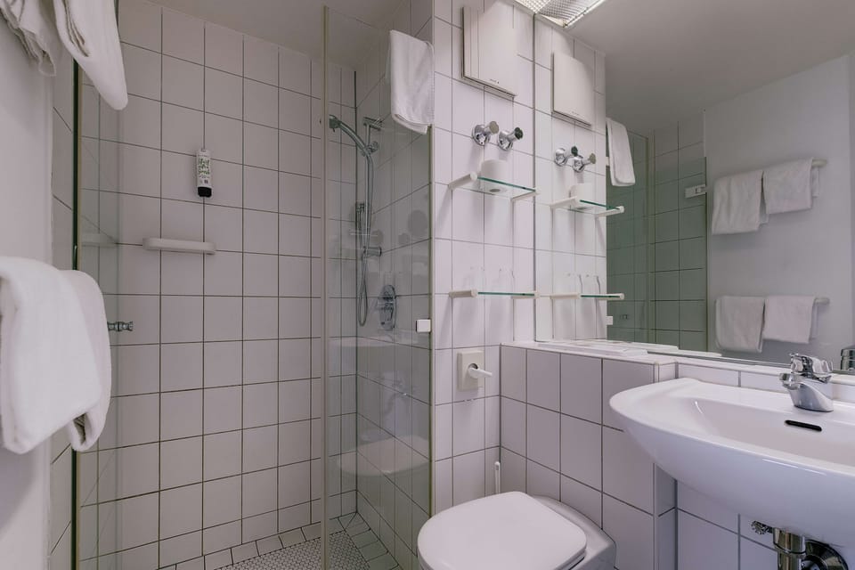 Shower, eco-friendly toiletries, hair dryer, towels