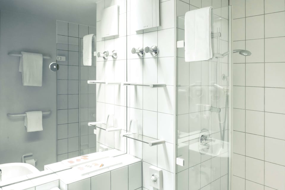 Shower, eco-friendly toiletries, hair dryer, towels