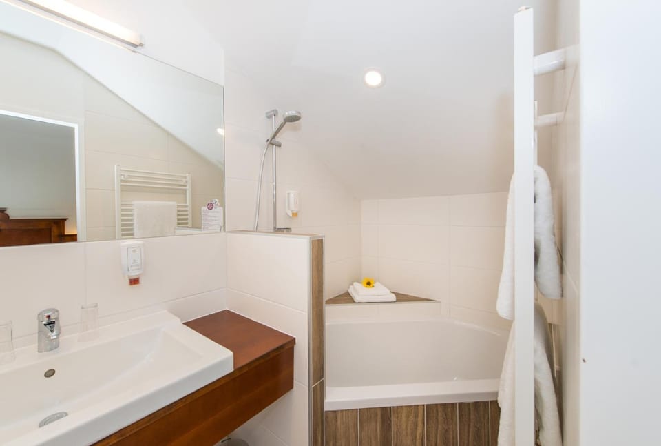 Hair dryer, towels, soap, shampoo