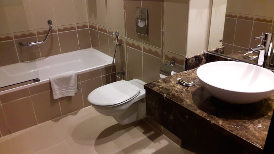 Combined shower/tub, rainfall showerhead, free toiletries, hair dryer
