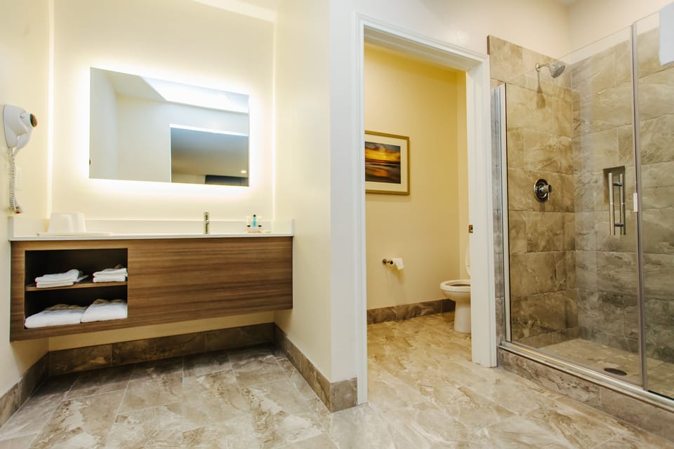 Combined shower/tub, deep soaking tub, free toiletries, hair dryer