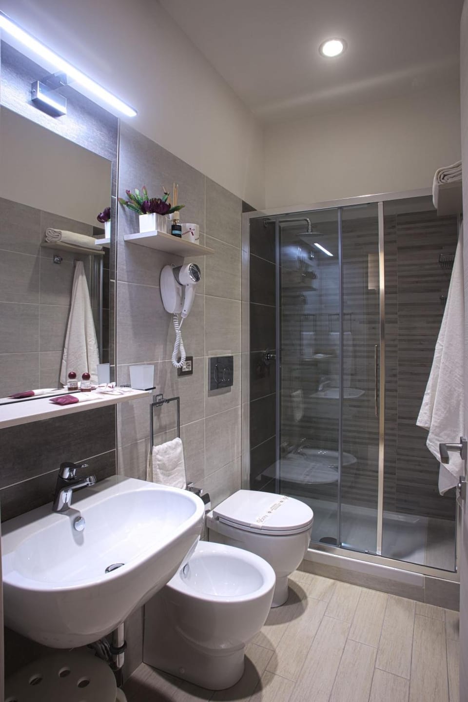 Shower, free toiletries, hair dryer, towels