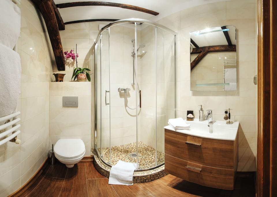 Standard Apartment | Bathroom | Shower, hair dryer, slippers, towels