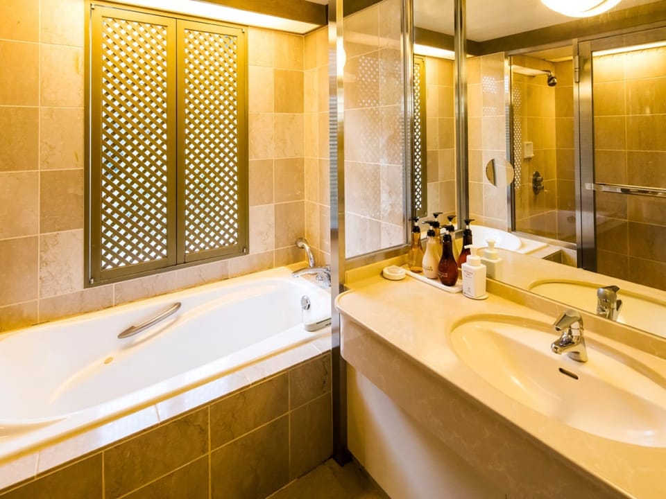 Hair dryer, bidet, towels, soap