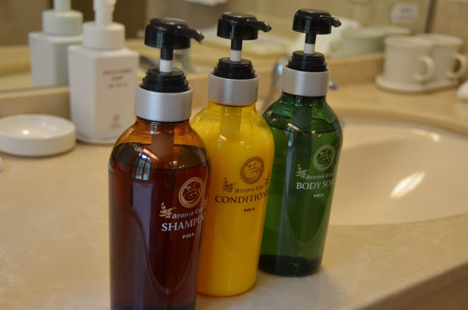 Hair dryer, bidet, towels, soap