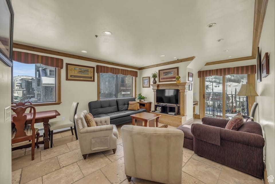 Bright open living space with views to Plaza and the main resort 
lift "Payday" 