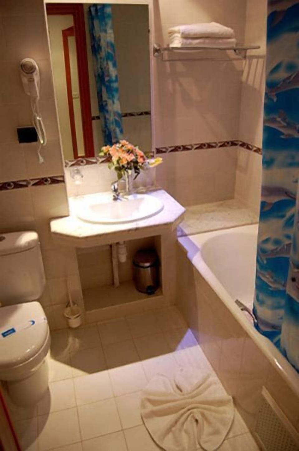 Combined shower/tub, free toiletries, hair dryer, towels