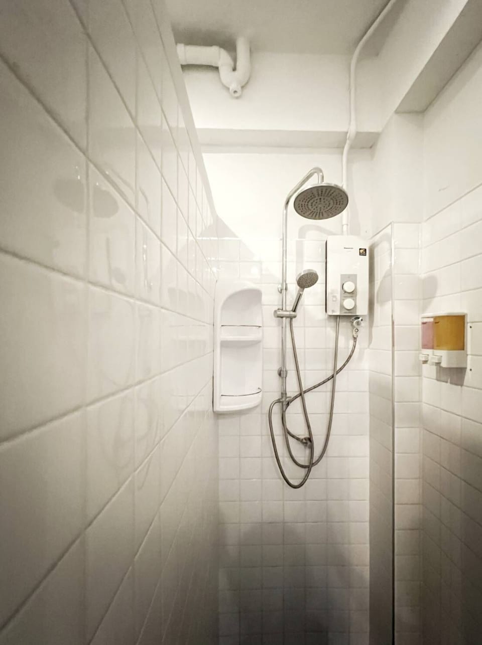 Shower, rainfall showerhead, hair dryer, soap