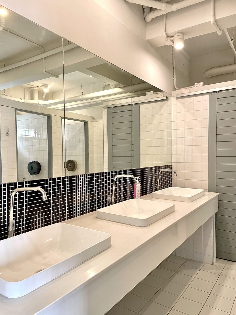Shower, rainfall showerhead, hair dryer, soap