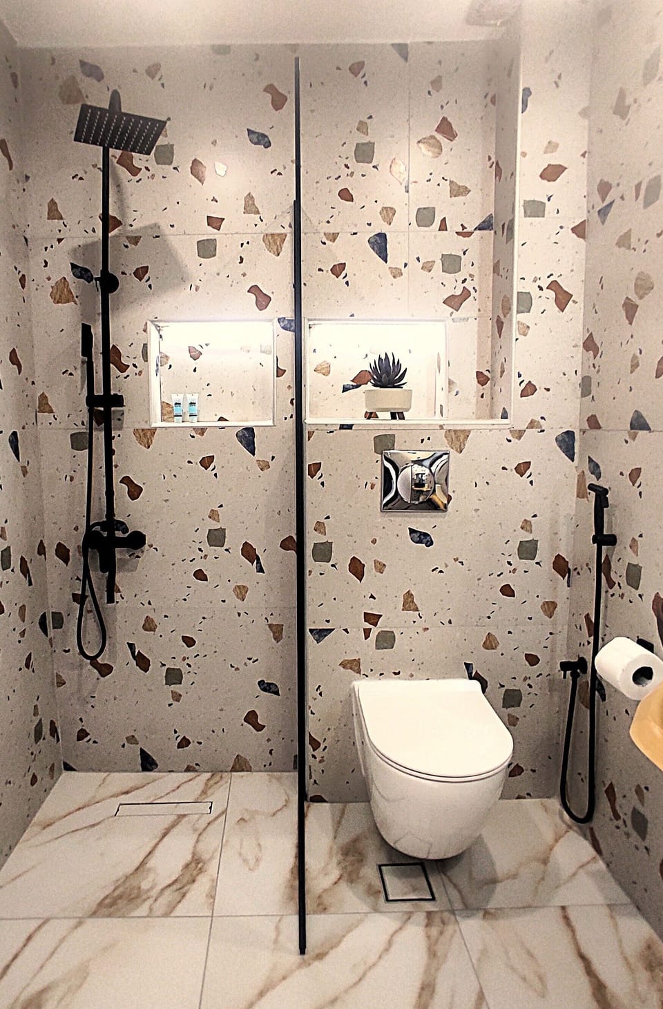 Shower, free toiletries, hair dryer, towels