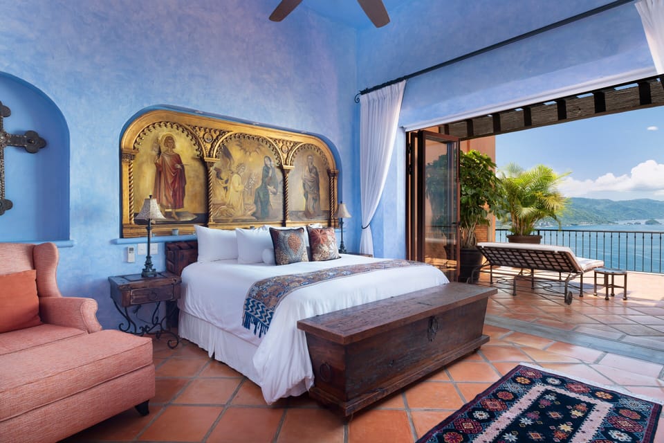 Breathtaking romantic master bedroom with private terrace and gas fireplace 