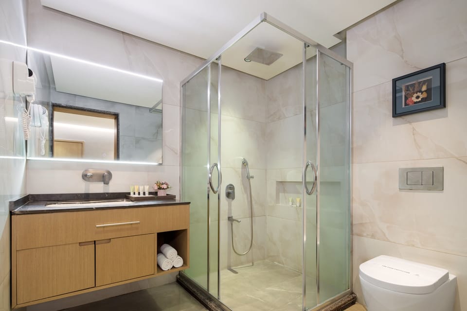 Shower, free toiletries, slippers, towels