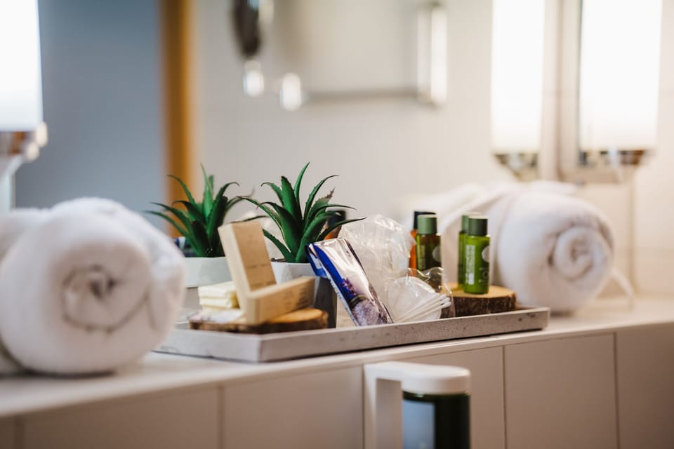 Eco-friendly toiletries, hair dryer, towels, soap