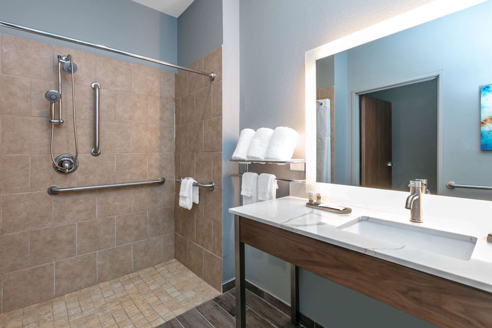 Room, 1 King Bed, Accessible, Non Smoking (Mobility) | Bathroom | Combined shower/tub, free toiletries, hair dryer, towels
