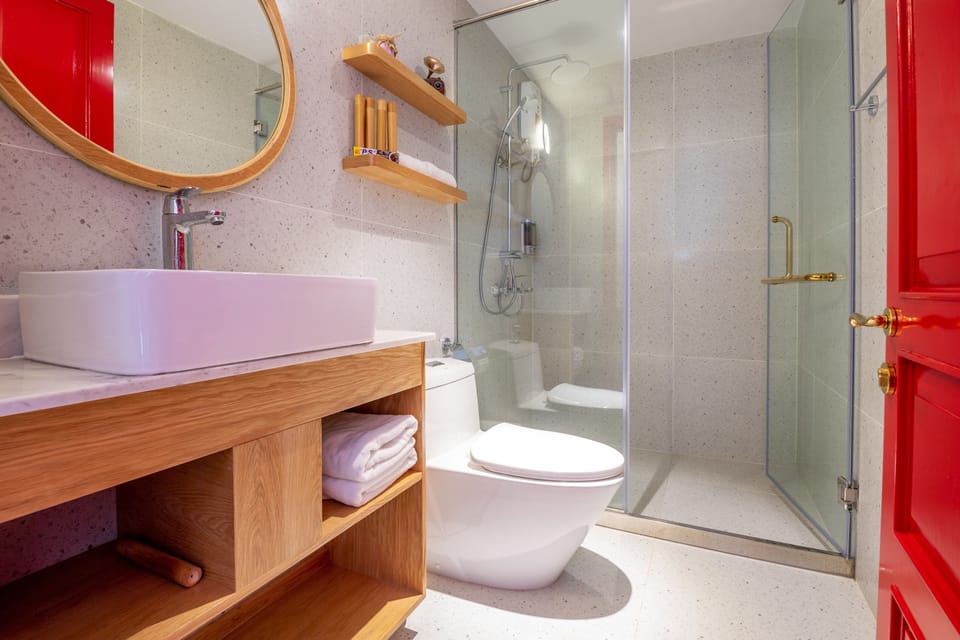 Shower, rainfall showerhead, hair dryer, slippers
