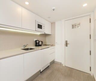 Mini-fridge, microwave, coffee/tea maker, electric kettle
