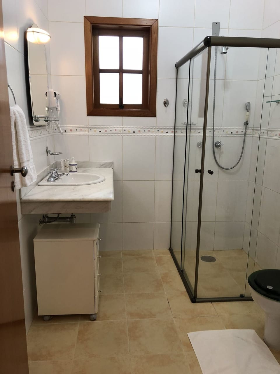 Shower, rainfall showerhead, hair dryer, bathrobes