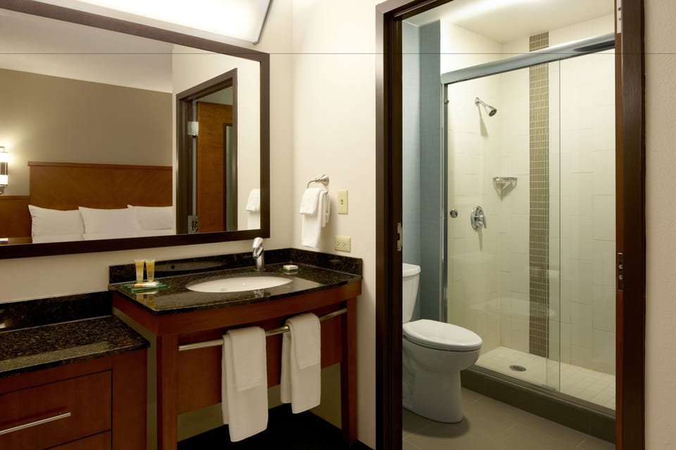 Designer toiletries, hair dryer, towels