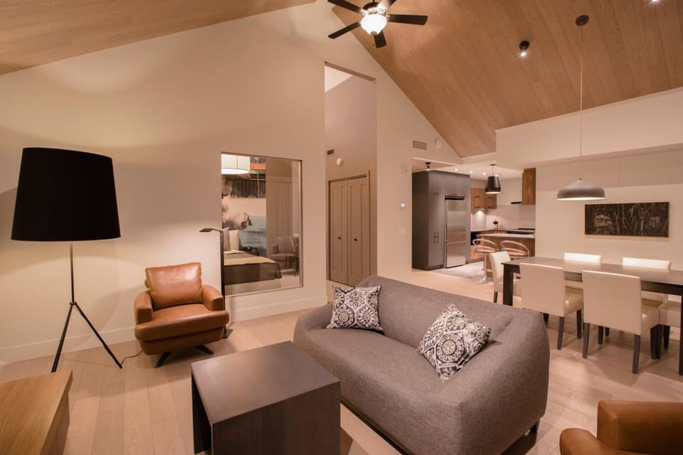 Flat-screen TV, fireplace