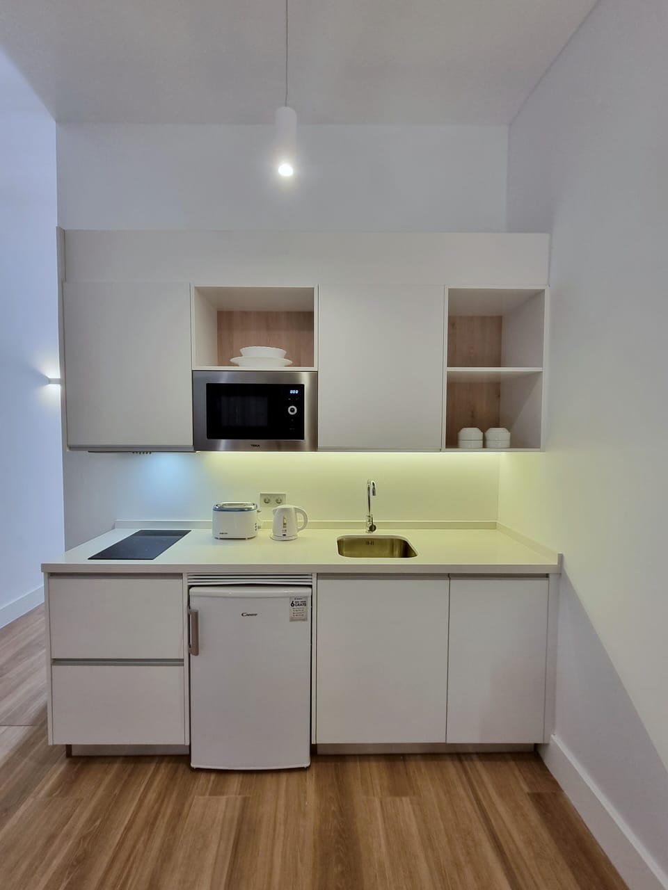Fridge, microwave, stovetop, electric kettle