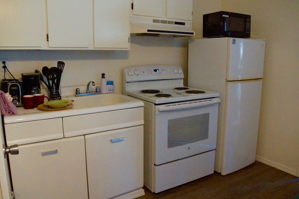 Family Double Room, 2 Queen Beds, Refrigerator & Microwave | Private kitchen | Full-size fridge, microwave, coffee/tea maker, toaster