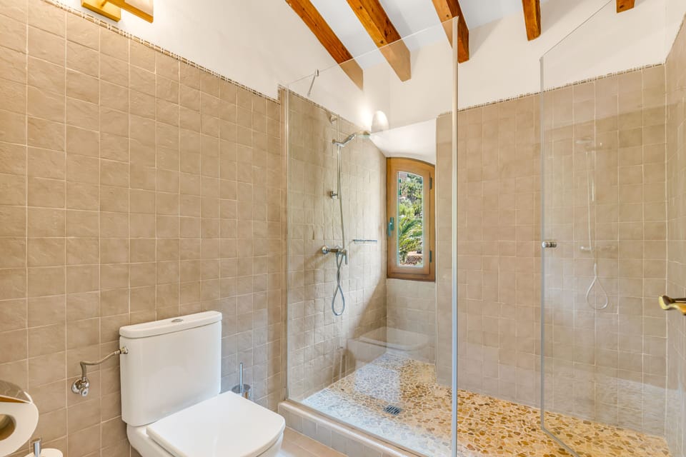 Shower, hair dryer, bathrobes, towels
