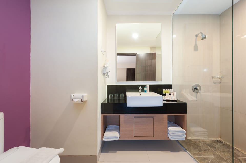 Shower, free toiletries, slippers, towels