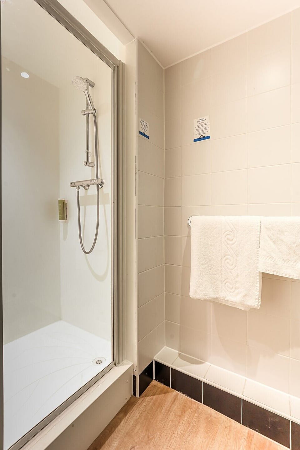 Shower, eco-friendly toiletries, hair dryer, towels