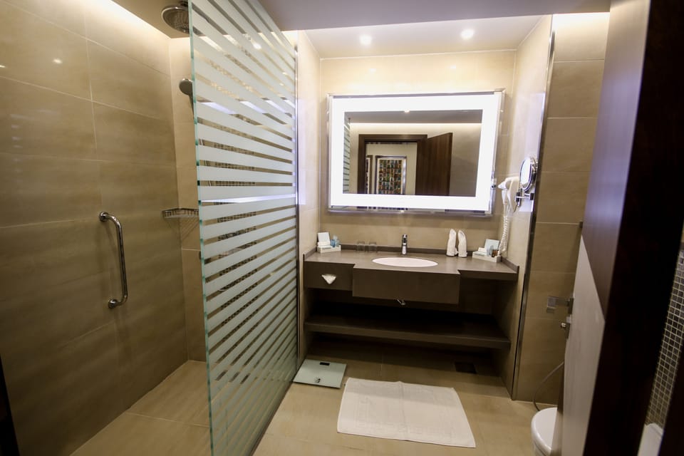 Combined shower/tub, eco-friendly toiletries, hair dryer, bathrobes