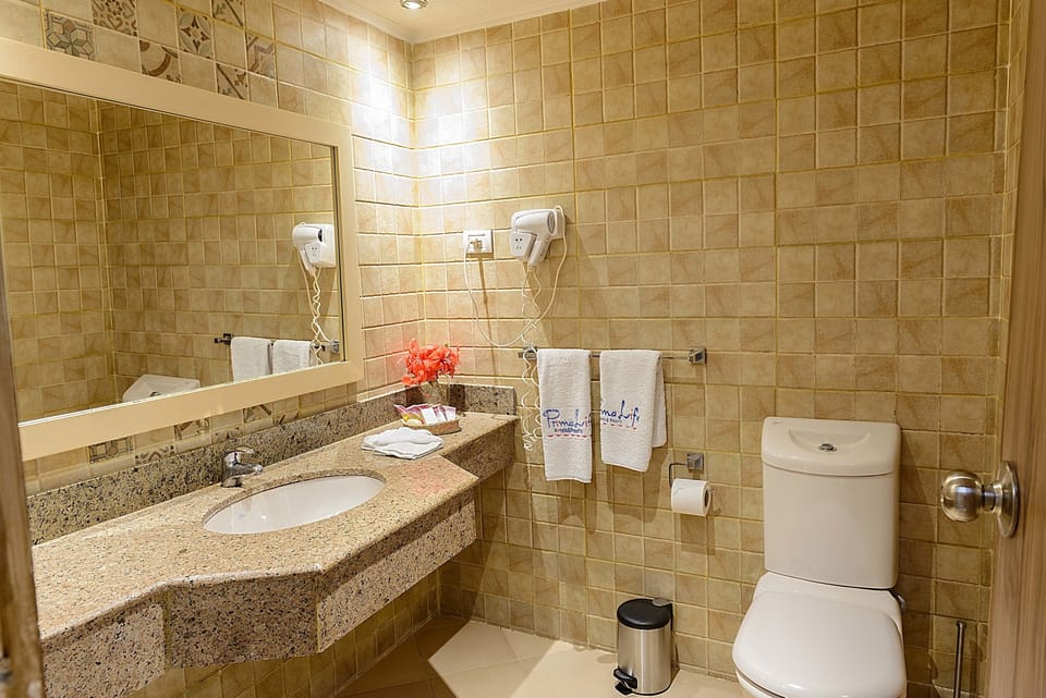 Eco-friendly toiletries, hair dryer, towels, soap
