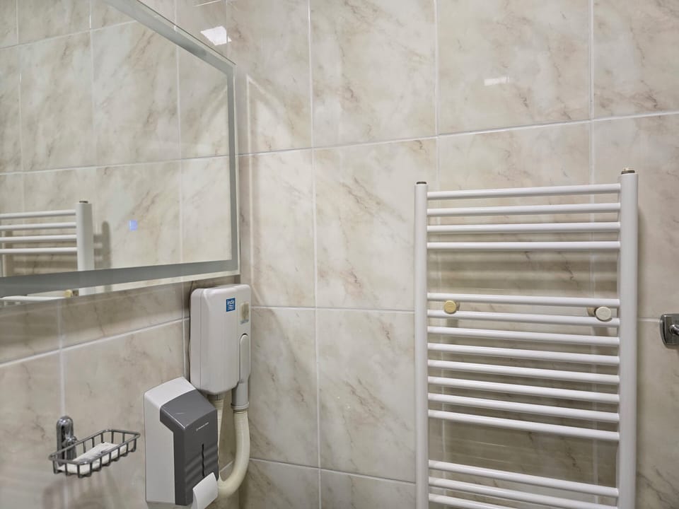 Combined shower/tub, free toiletries, hair dryer, towels