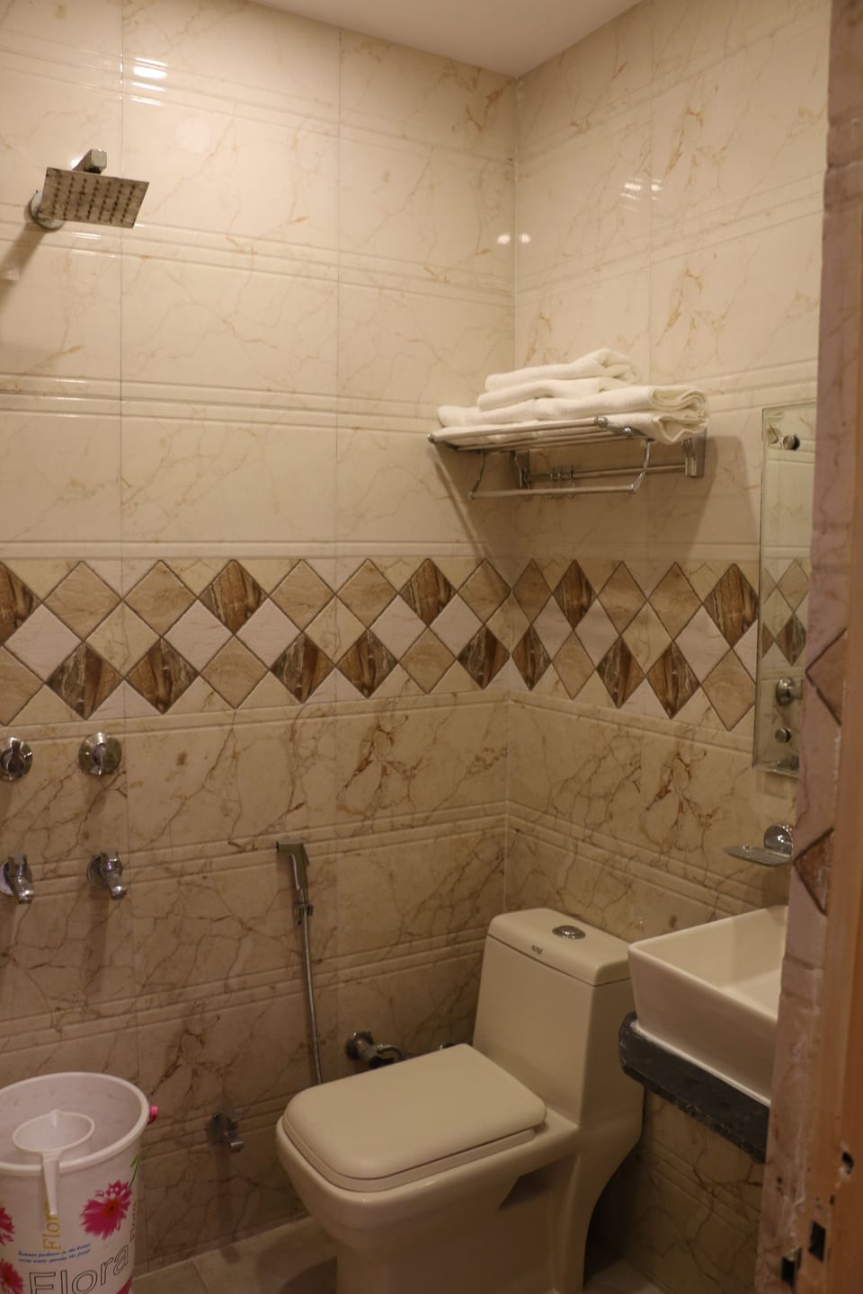 Shower, free toiletries, towels, soap