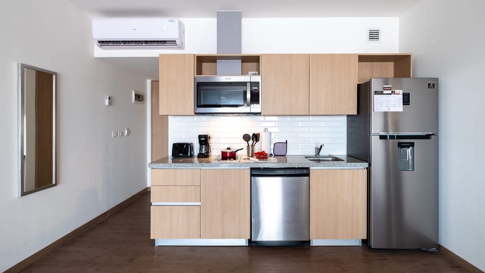 Full-size fridge, microwave, dishwasher, electric kettle