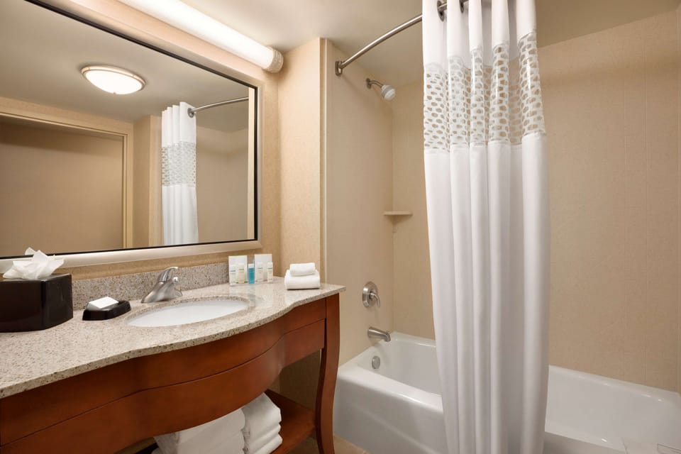 Combined shower/tub, free toiletries, hair dryer, towels