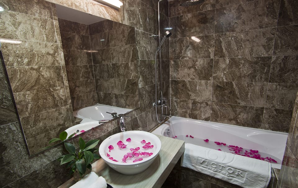 Combined shower/tub, free toiletries, hair dryer, slippers