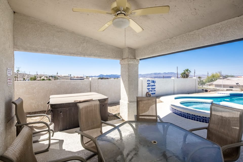 Covered Patio w BBQ, Dining, Aboveground Spa.