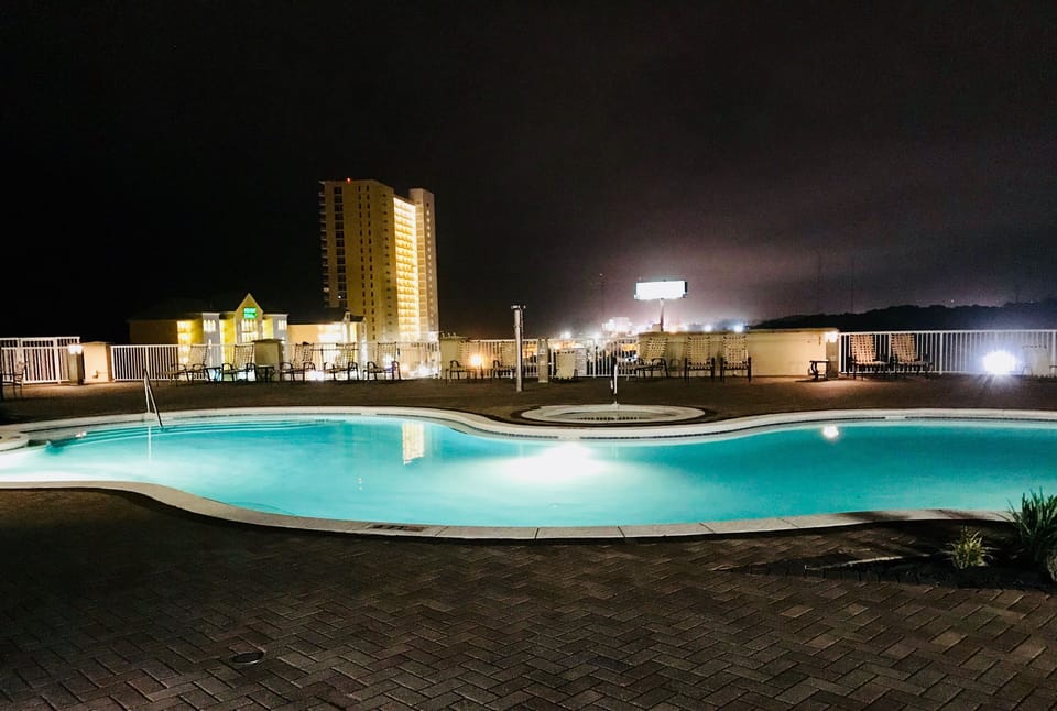 View of Tower 2 pool deck at night