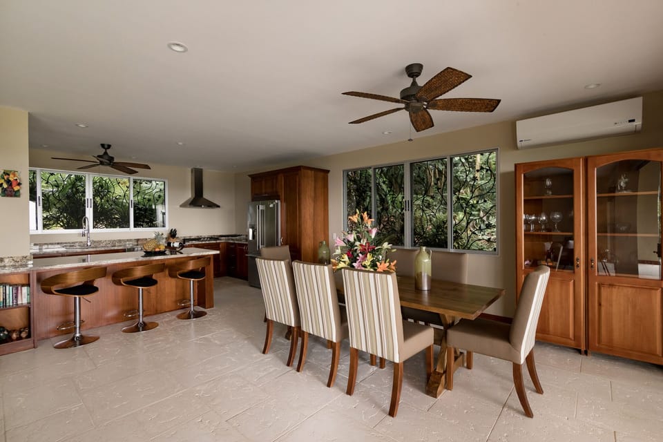 dining room table and kitchen area