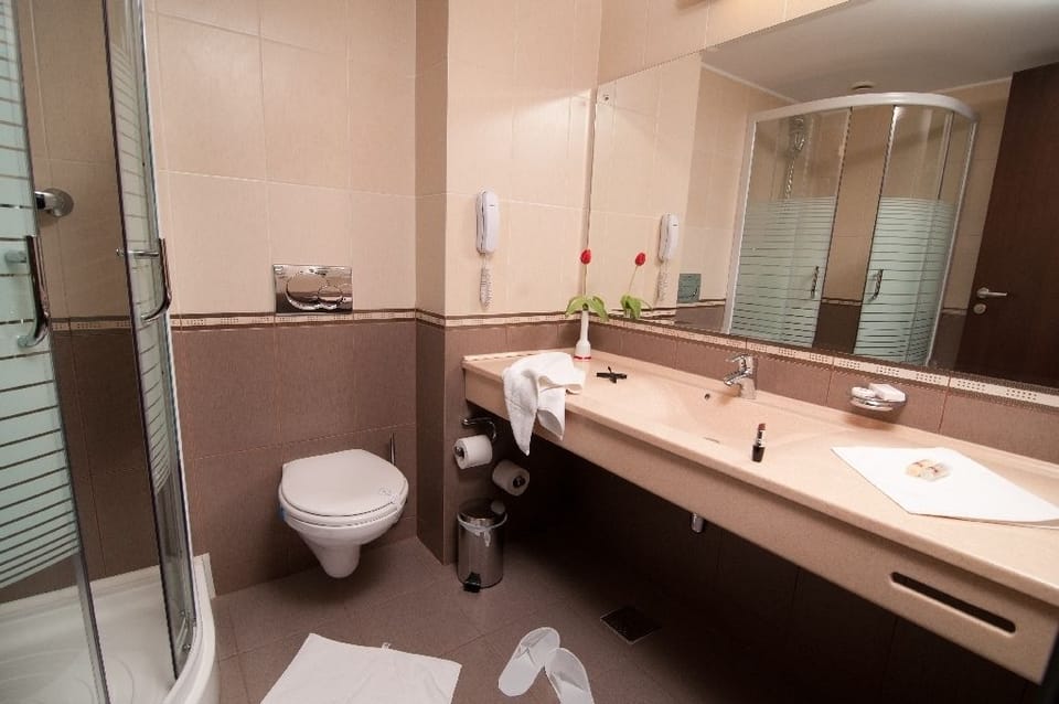 Shower, free toiletries, hair dryer, towels