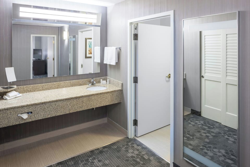 Combined shower/tub, free toiletries, hair dryer, towels