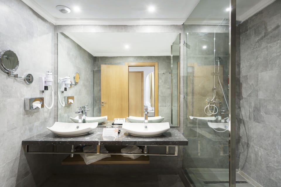Combined shower/tub, hair dryer, bidet, towels