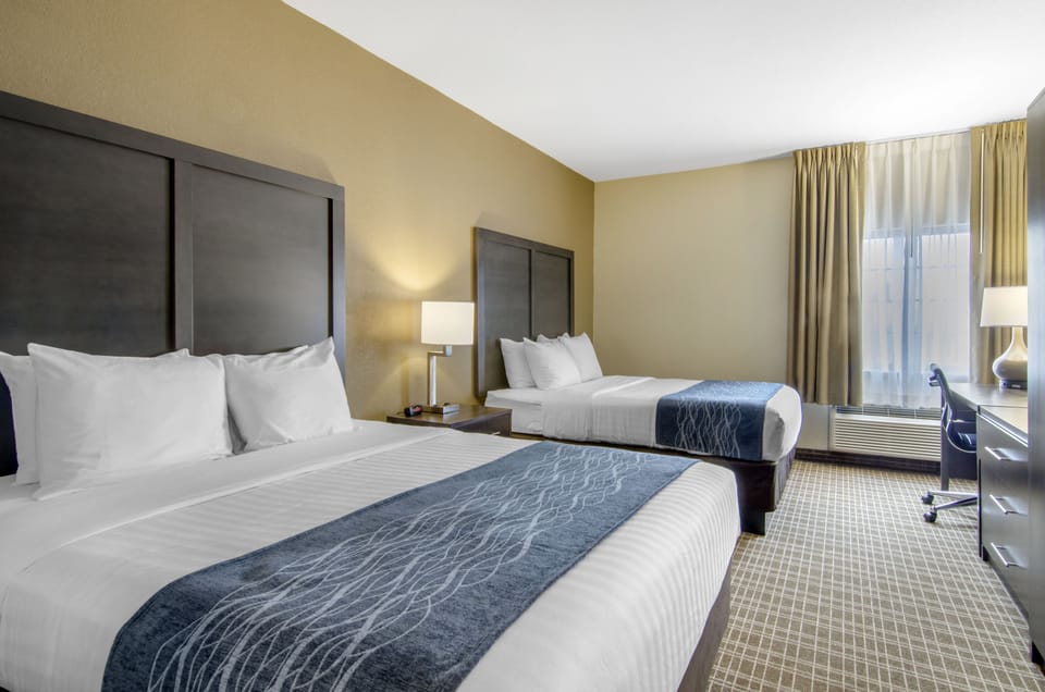 Standard Room, 2 Queen Beds | Pillowtop beds, desk, laptop workspace, blackout drapes