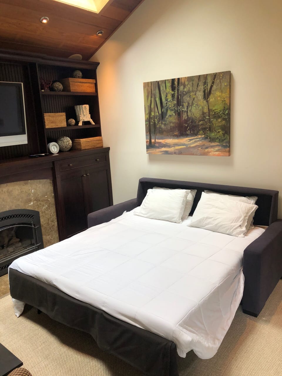 Living area sofa converts to king bed with comfortable mattress