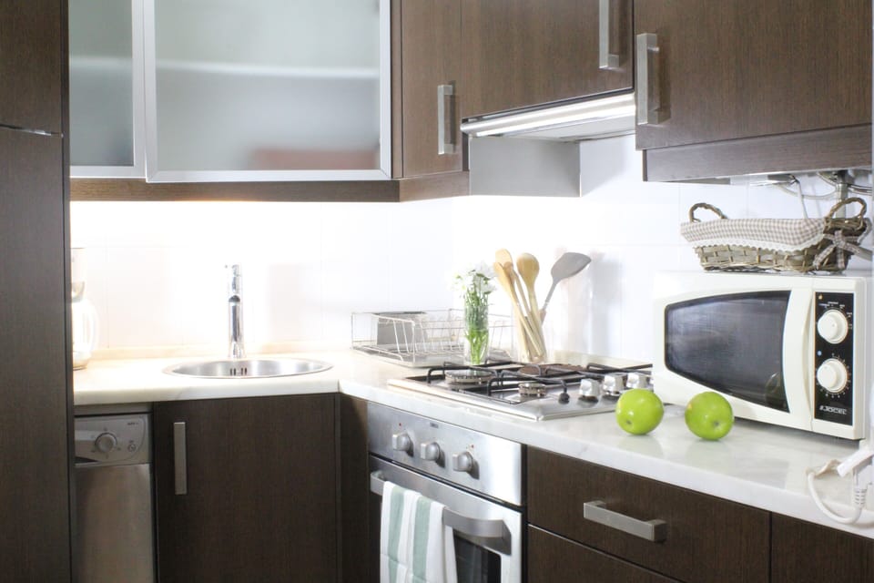 Fully equipped kitchen corner (dishwasher, oven, microwave, coffee machine)