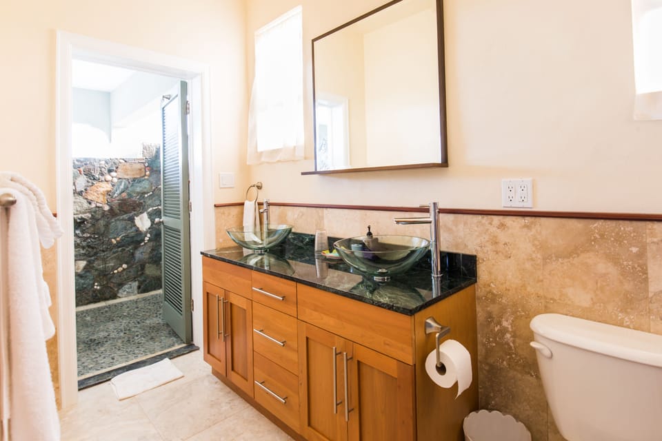 Double vessel sinks leads way to beautiful outdoor stone shower with views