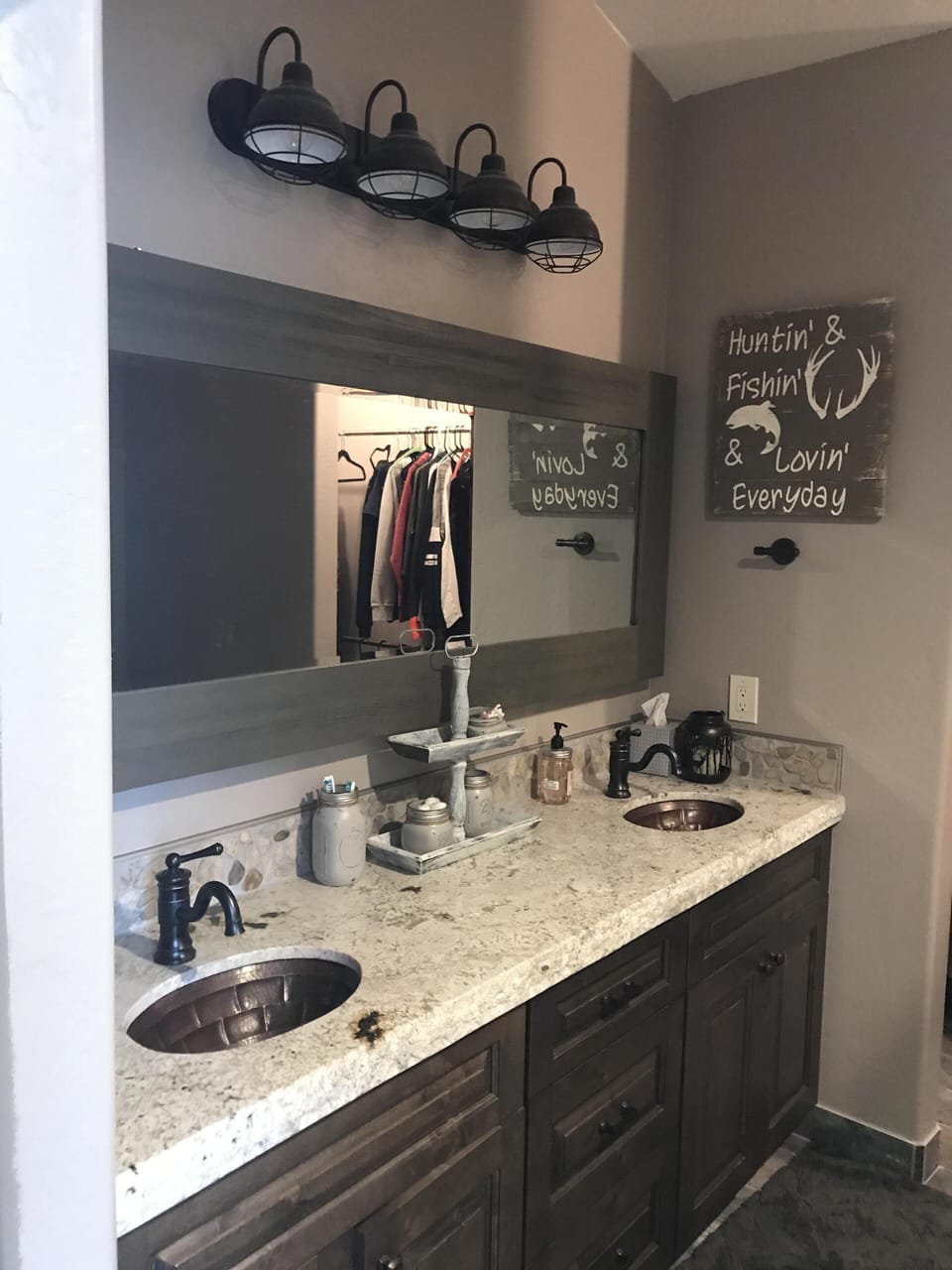 Master bath Vanity with double copper sinks  