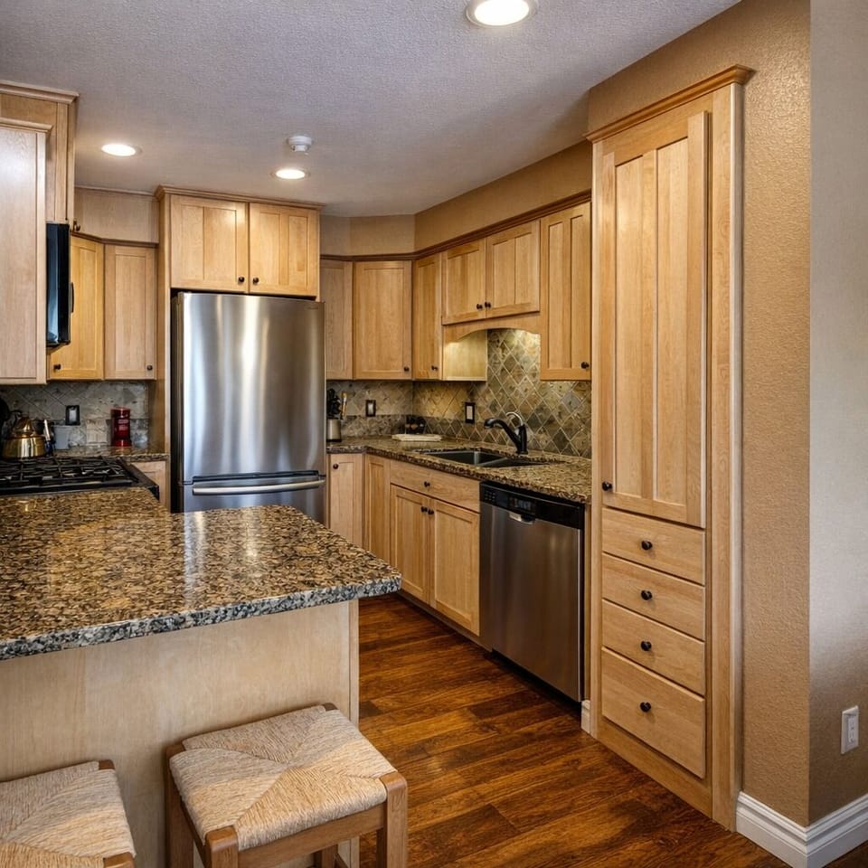 Fully-equipped kitchen with beautiful granite countertops, stainless steel appliances, and a breakfast bar. Perfect for preparing delicious meals during your stay.