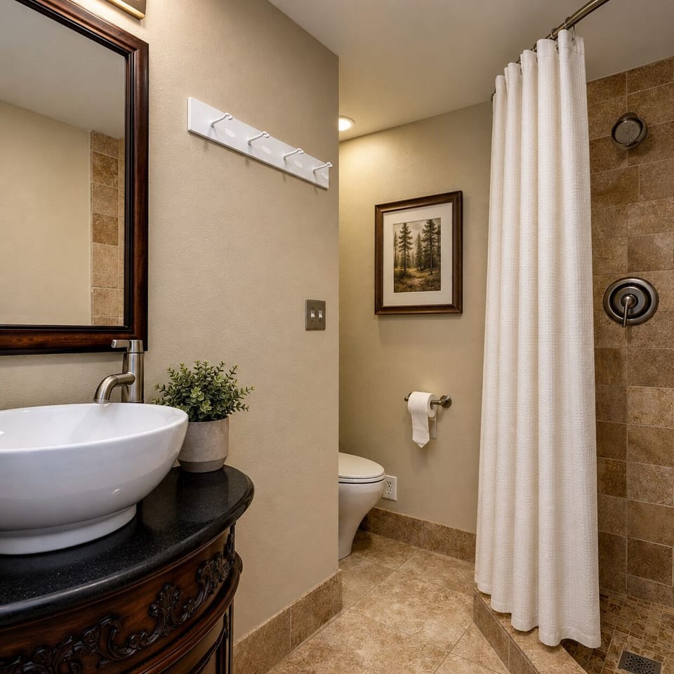 Modern & clean full bathroom featuring a sleek tub/shower combo with a curtain, stylish stone tiles, and a unique dark vanity.
