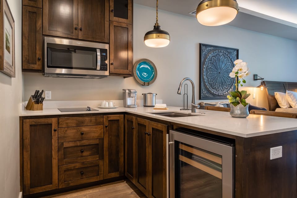 Wine Fridge, Microwave, 2 Burner Stove Top