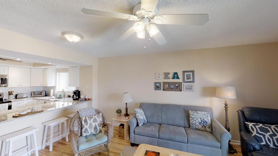 view from living area to kitchen